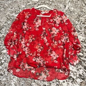 Sheer Floral Red V-Neck Women's Blouse